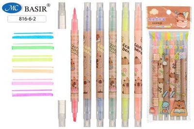 Набор текстовыделителей двусторонних 6 цв. "Капибара" размер маркеры 15 см. (Basir)