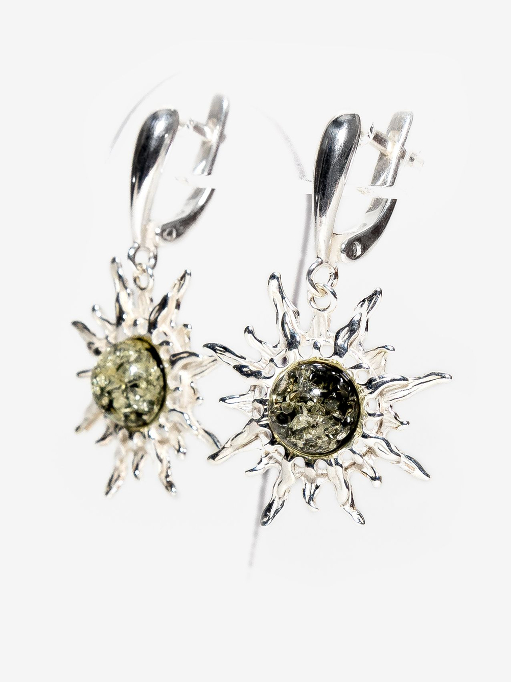 Серебряные серьги с цельным янтарем "Солнце", серебро 925 пробы