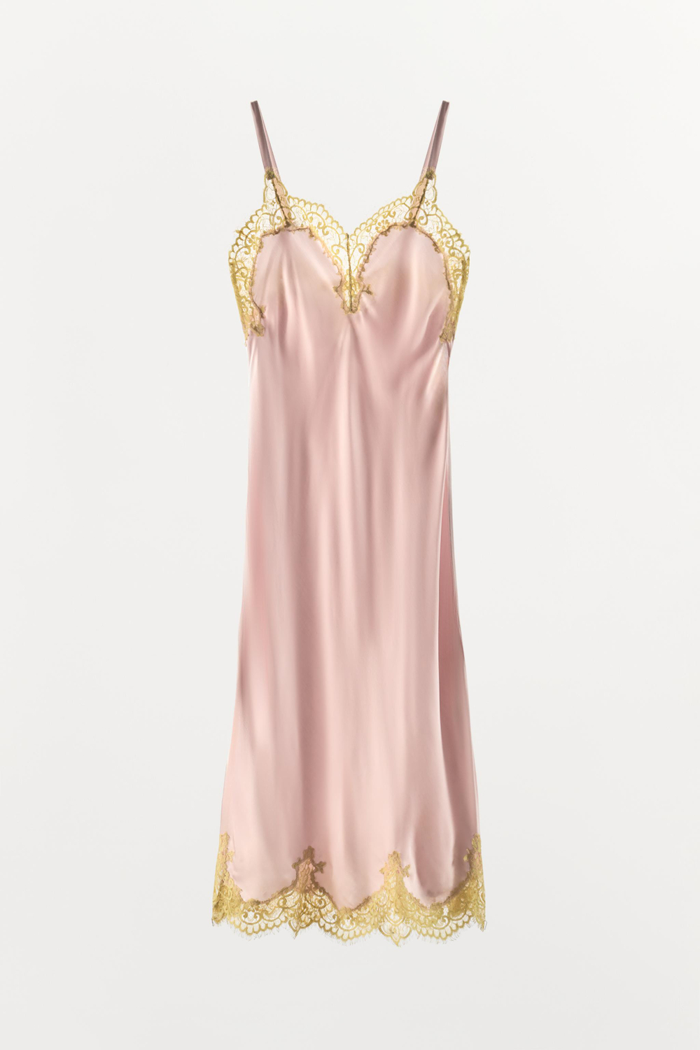 ZARA АТЛАСНОЕ ПЛАТЬЕ МИДИ С КРУЖЕВОМ, РОЗОВЫЙ