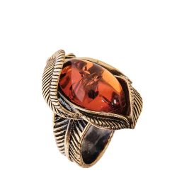 AM-2428 Кольцо «Винтажный лист» (латунь, янтарь)