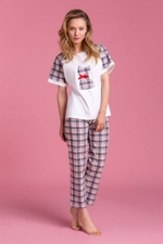 Клетчатая женская пижама с забавным принтом (Размер: M) (Цвет: белый с серым)