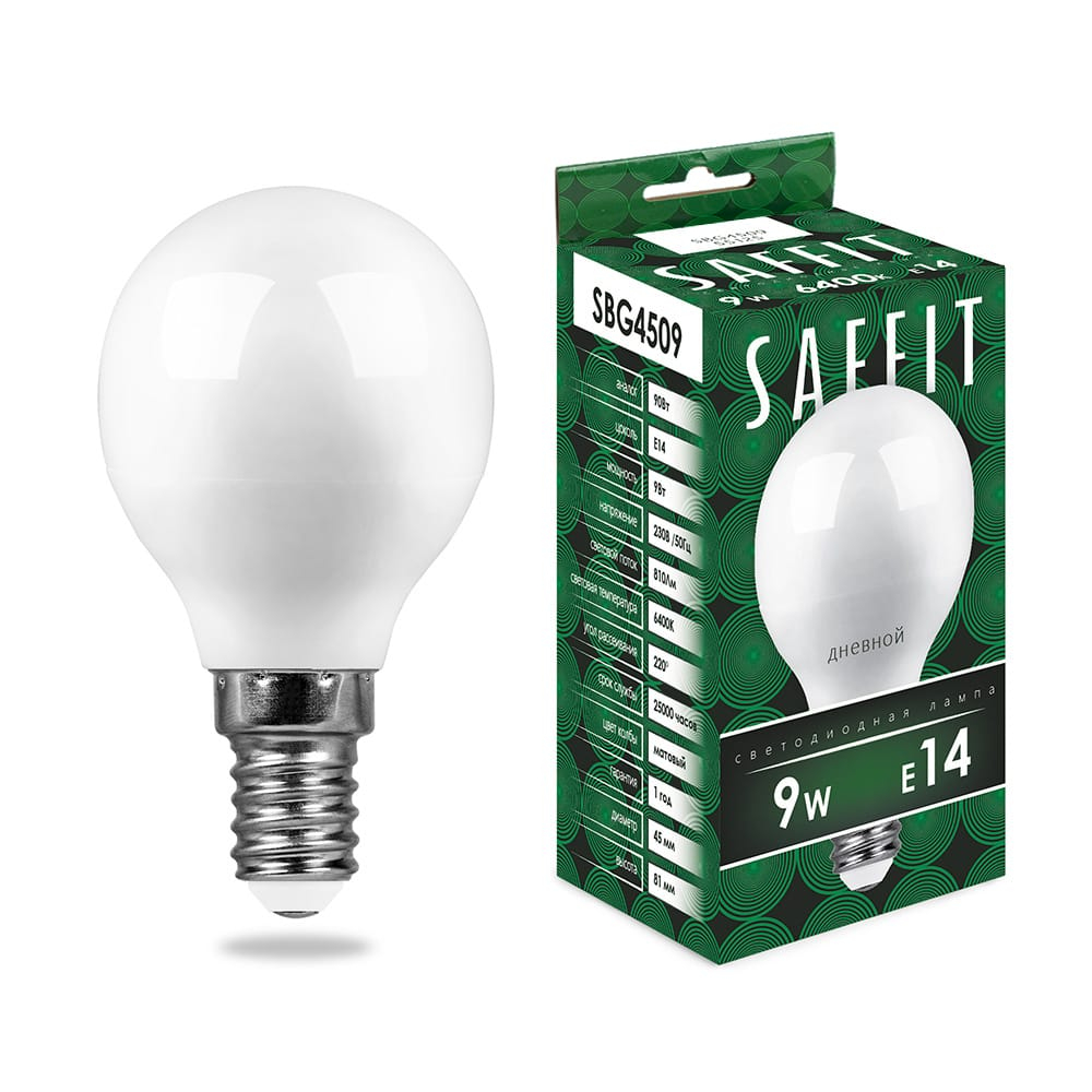 Лампа светодиодная LED SAFFIT шарик SBG4509 9W Е14 G45 6400K