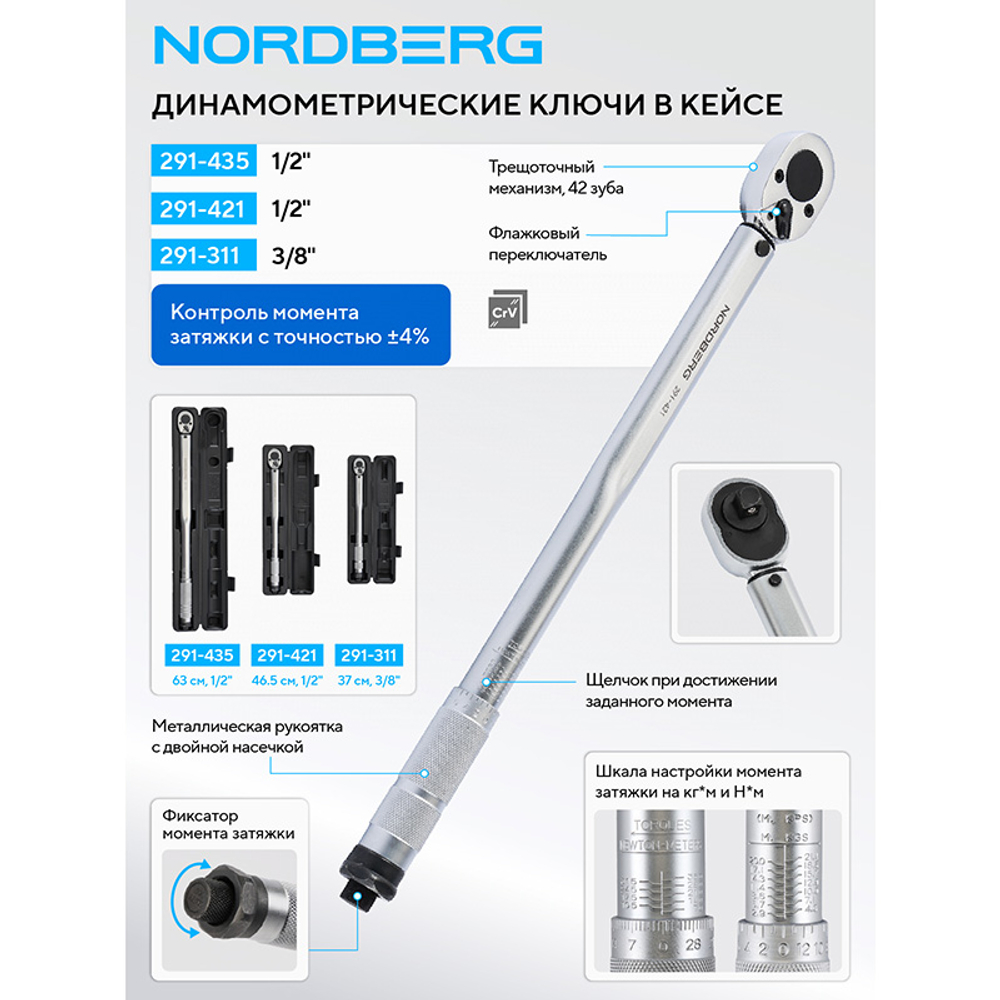 NORDBERG (291-421) Ключ динамометрический 1/2", 28-210 Нм, в кейсе