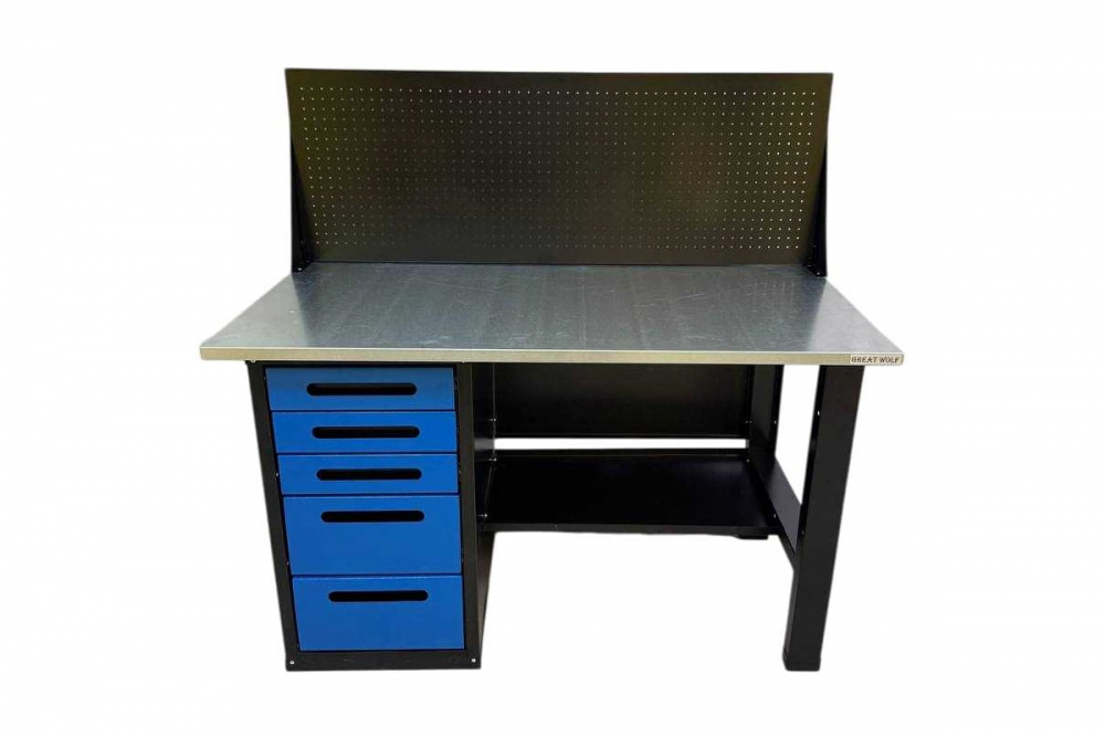 Верстак GWT-V1400BL4 Great Wolf - однотумбовый, 5 ящиков, с экраном, синий, 1400x700мм