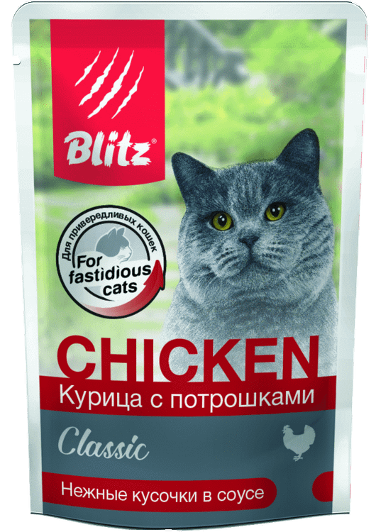 Влажный корм для кошек Blitz Classic Chicken & Inners in Gravy Adult Cat All Breeds курица с потрошками 0,085кг. В комплекте 24шт