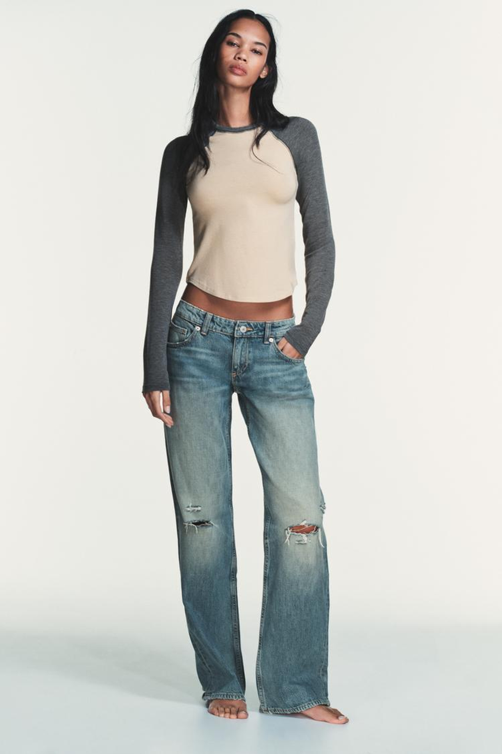 ZARA ФУТБОЛКА РЕГЛАН С КОНТРАСТНЫМИ ДЕТАЛЯМИ, СЕРЫЙ