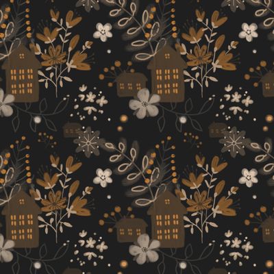 домики и цветы на темном фоне