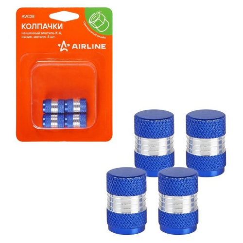 Колпачки на шинный вентиль K-6, синие, металл (4 шт в уп.) (AIRLINE)