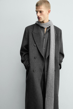 ZARA ДВУБОРТНОЕ ПАЛЬТО ИЗ СМЕСОВОЙ ШЕРСТИ, СЕРЫЙ МЕЛАНЖ