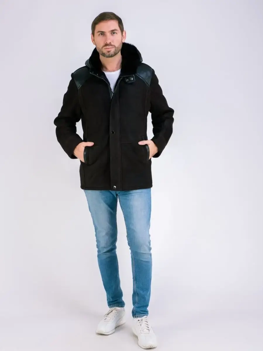 Дубленка мужская натуральная зимняя с капюшоном Турция