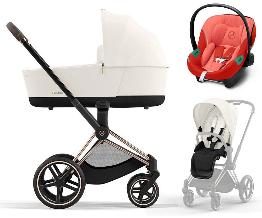 Коляска 3 в 1 Cybex Priam IV Rosegold complete и автокресло Aton S2 i-Size Hibiscus Red Off White
