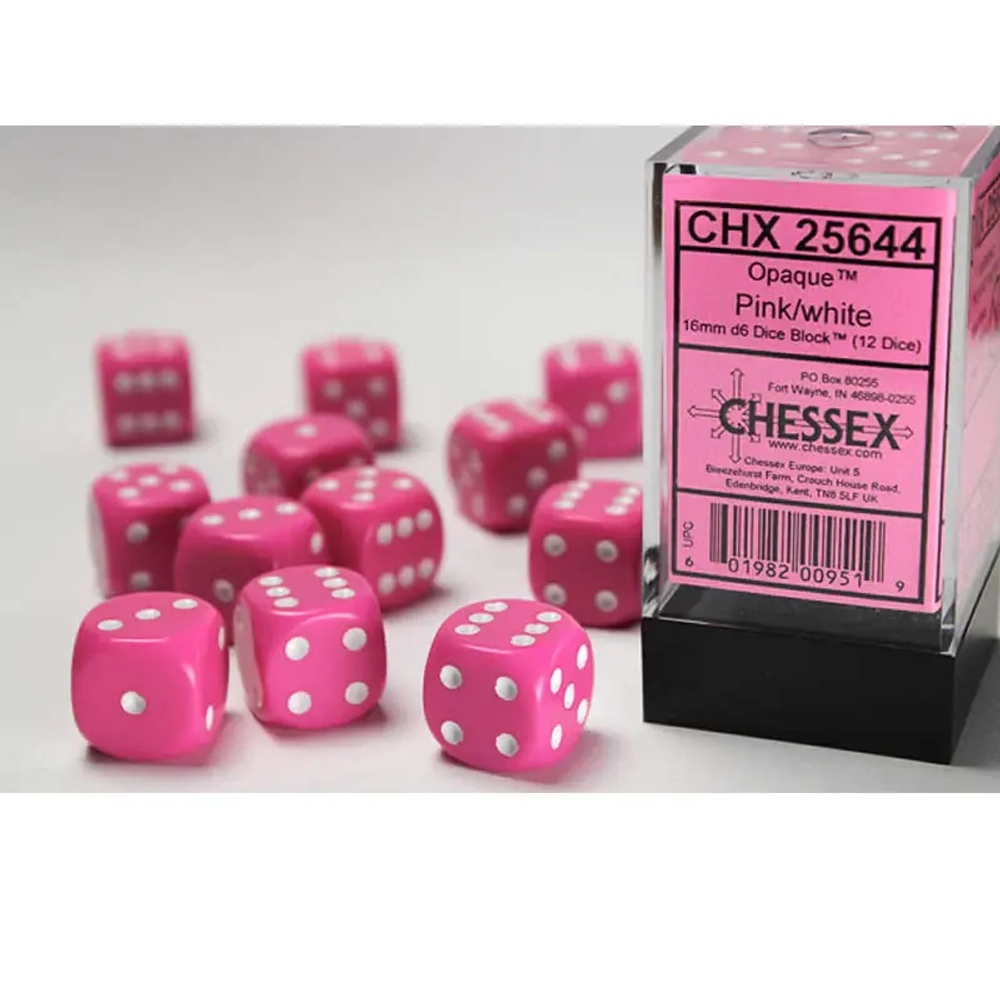 Chessex 12-D6 set (16mm) - Opaque Pink/White