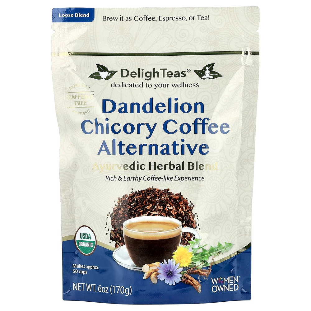 DelighTeas, аюрведическая травяная смесь, одуванчик и цикорий, альтернатива кофе, без кофеина, 170 г (6 унций)