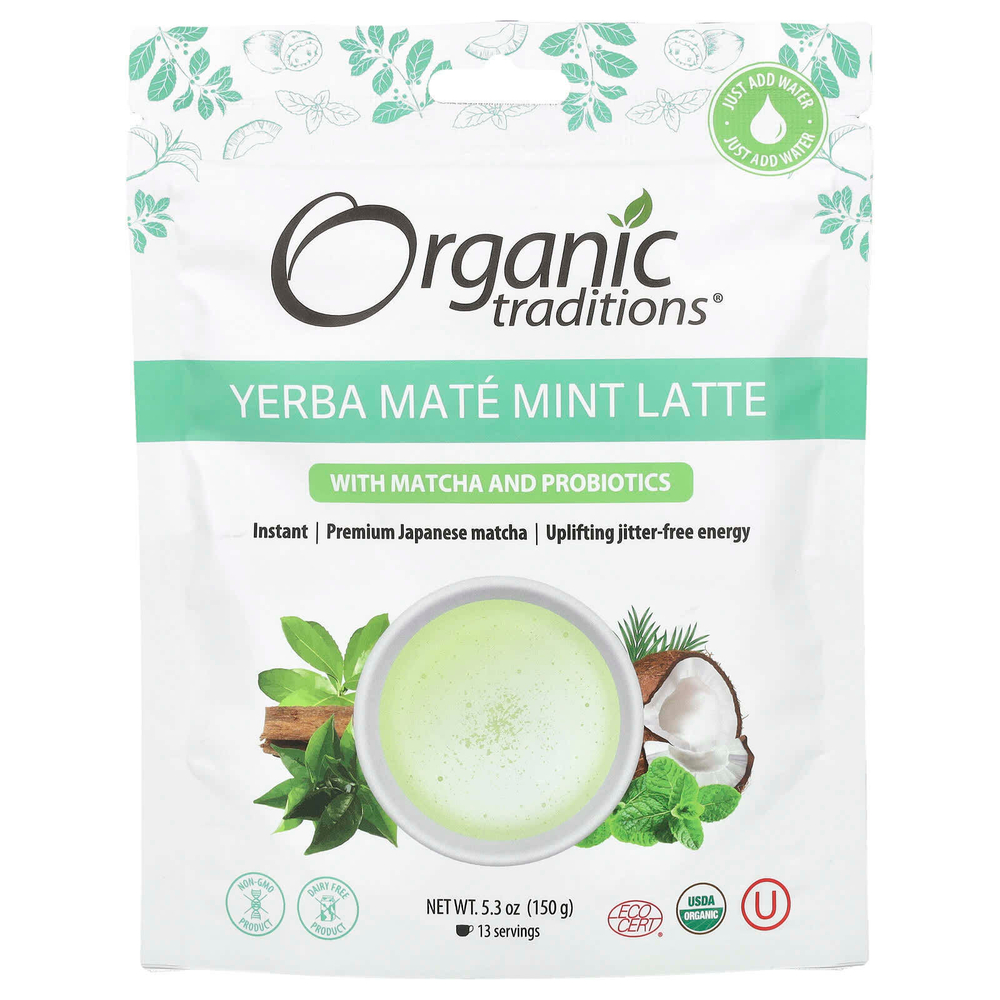 Organic Traditions, Мятный латте Yerba Mate с матча и пробиотиками, 150 г (5,3 унции)