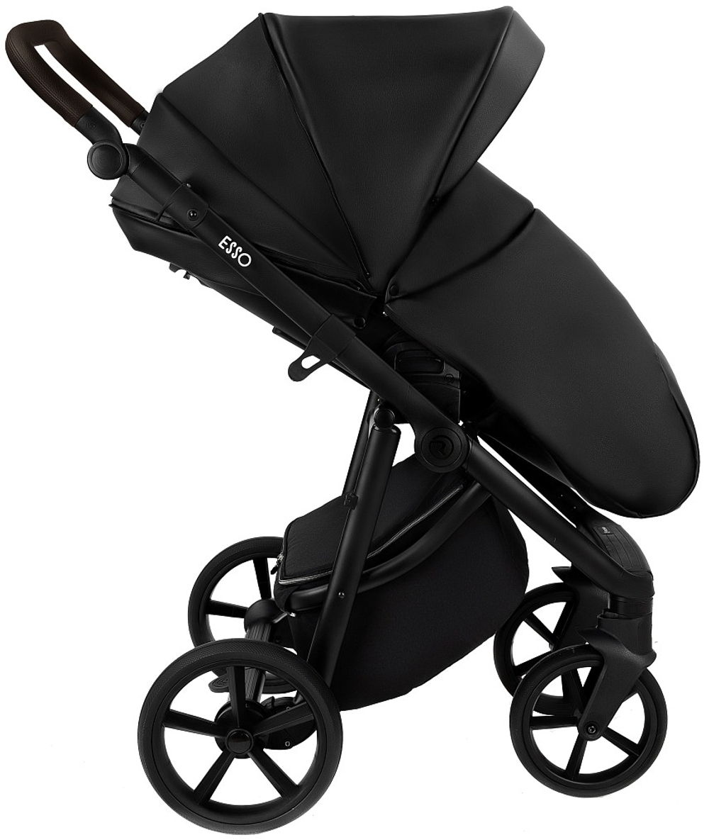 Детская коляска Roan Esso Кожа 3 в 1 с автокреслом Pituso Baesa Pro Black ESSK/210/1 Black /Black/руч.Тем.коричневый