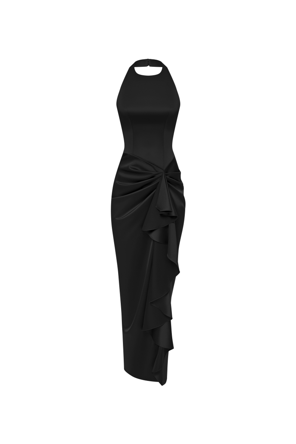 Платье макси из атласа драпированное с воланом