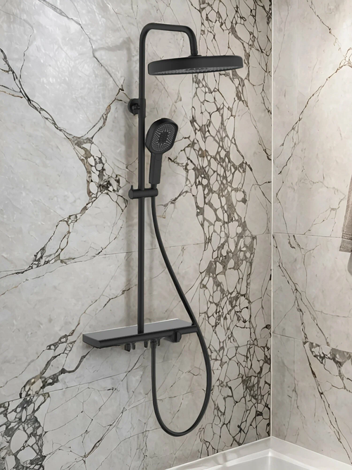 ESKO. Душевая система со смесителем, полкой и тропическим душем/черная ST350Black