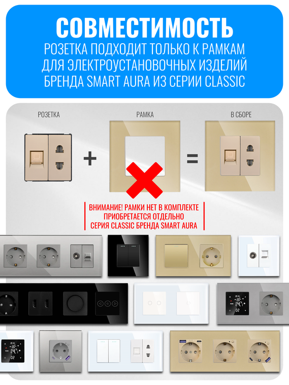 Розетка комбинированная Smart Aura для роутера 220В + RJ45 серия Classic без рамки