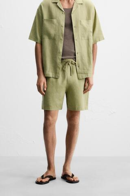 ZARA ШОРТЫ ИЗ 100% ЛЬНА, ЗЕЛЕНЫЙ