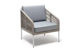 "Канны" кресло плетеное из роупа, каркас алюминий светло-серый (RAL7035) муар, роуп серый меланж круглый, ткань светло-серая