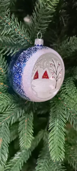 С2339/2 Стеклянный шар Домики 75 мм., синий, Ёлочка