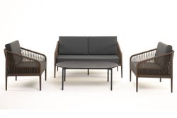 "Канны" лаунж-зона 4-местная из роупа со столом "Верона" (серый гранит), каркас алюминиевый коричневый, роуп коричневый