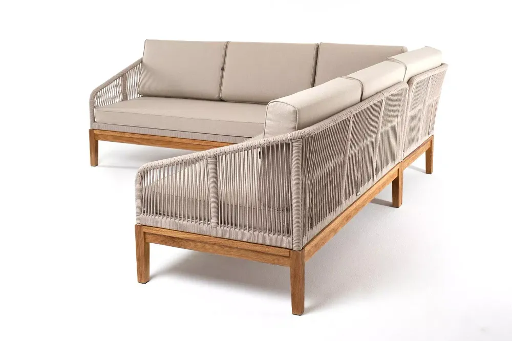 "Канны" диван модульный плетеный из роупа, основание дуб, роуп бежевый круглый, ткань бежевая 052