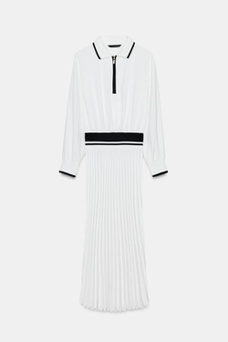 ZARA ПЛАТЬЕ МИДИ С ПЛИССИРОВКОЙ И КОНТРАСТНЫМИ ДЕТАЛЯМИ, БЕЛЫЙ