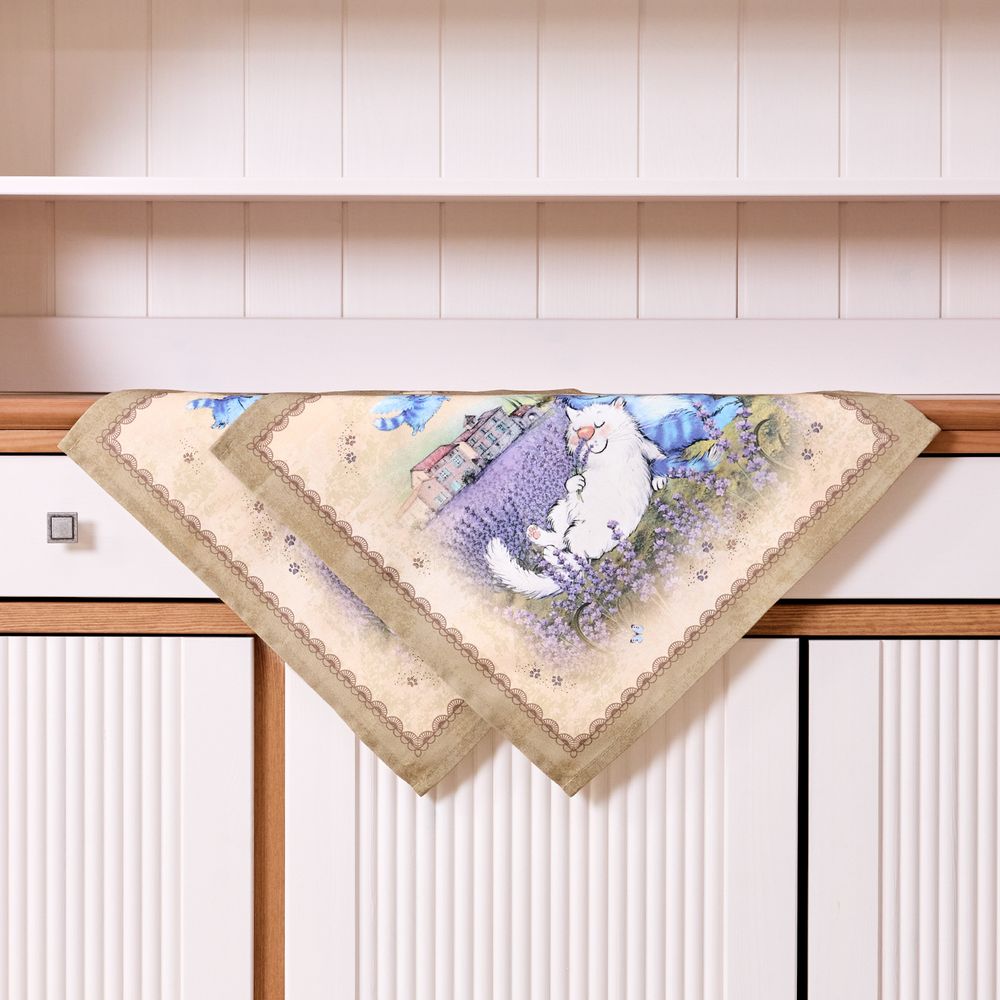 НАБОР САЛФЕТОК ИЗ 2-Х ШТ "СИНИЕ КОТЫ. ЛАВАНДА",40Х40СМ, 100% ХЛОПОК,ТВИЛ, БЕЖ