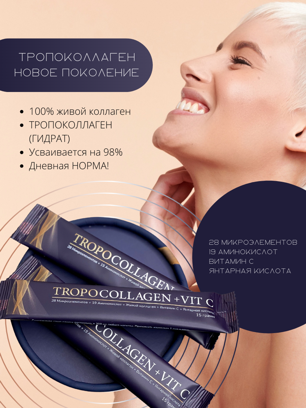 ЖИВОЙ КОЛЛАГЕН с вит С и янтарной кислотой TROPOCOLLAGEN + VIT C 100%