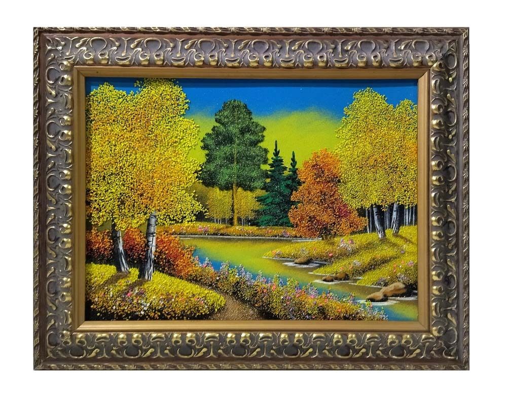 Картина №4 &quot; Осеннее утро &quot; рисованная уральскими минералами в деревянном багете 41-51-2см