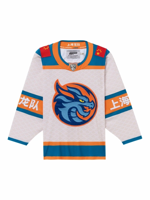 Джерси хоккейное бежевое ХК "Шанхайские Драконы", реплика с вышивками