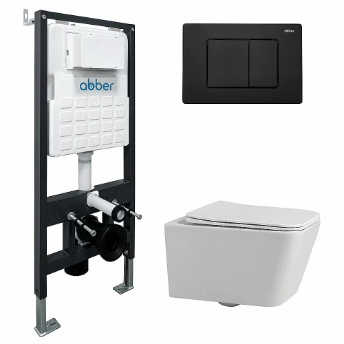 Унитаз подвесной ABBER Rechteck AC1201 белый с инсталляцией AC0105 и кнопкой AC0120MB черный, безободковый, с крышкой микролифт