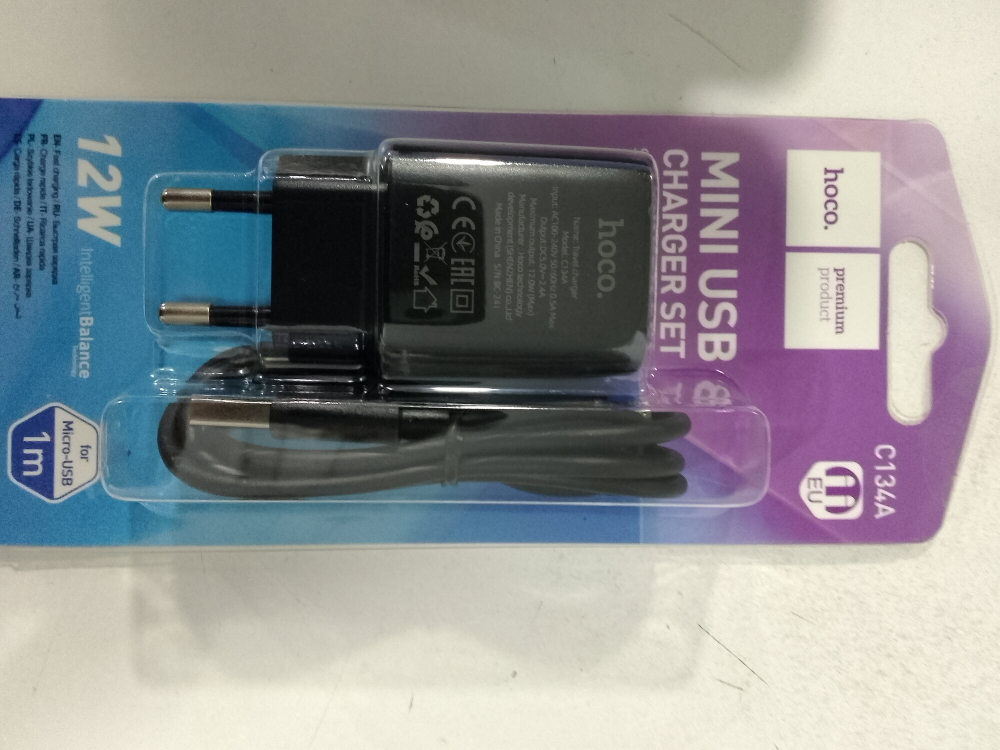 Сетевое зарядное устройство  1 USB HOCO C134A Solid, 3000mA, пластик, 2.4A, кабель  USB - микро USB, цвет: чёрный