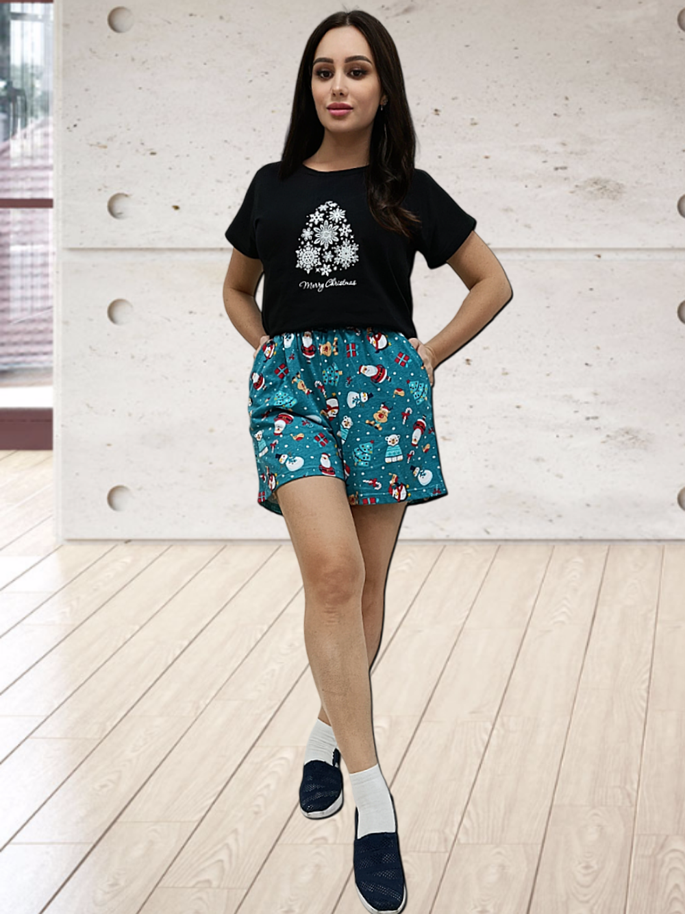 2329 Пижама женская с шортами черный/Новый год (50)