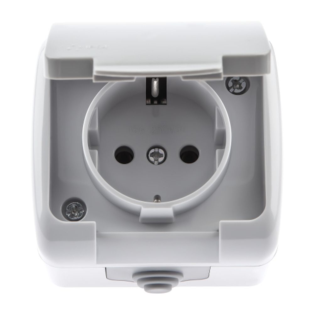 Розетка Intro Atlantic 5-201-03 с заземлением 2P+E Schuko, 16А-250В, IP54, открытой установки, серый | Intro