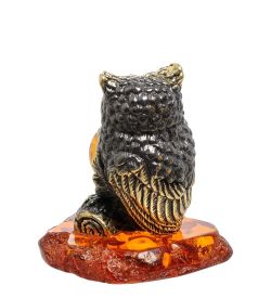 Народные промыслы AM-1798 Фигурка «Птица Филин на пне» (латунь, янтарь)