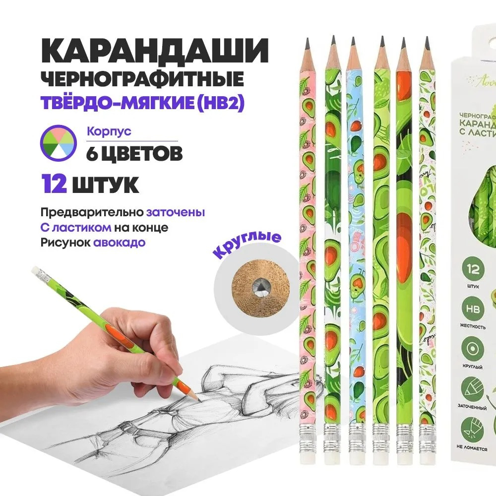 Набор черных простых заточенных карандашей, 12 шт, с ластиком, MC-Basir, с рисунком Авокадо, деревянные обычные чернографитные карандаши для начинающих, HB (твердо-мягкий), графитовые серые для школы