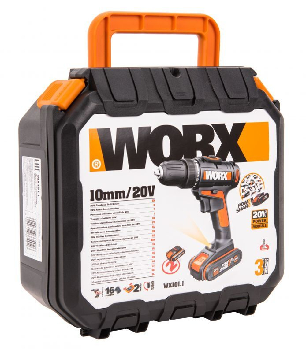 Аккумуляторная дрель-шуруповерт Worx WX101.1 20V 1.5Ah x2 кейс