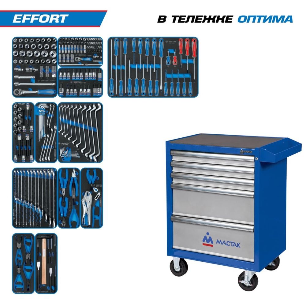 KING TONY (934-235AMB) Набор инструментов "EFFORT" в синей тележке, 235 предметов