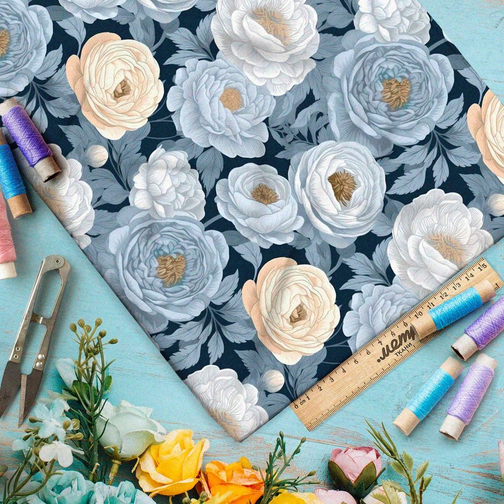 Ткань Барби пастельные пионы на темном фоне