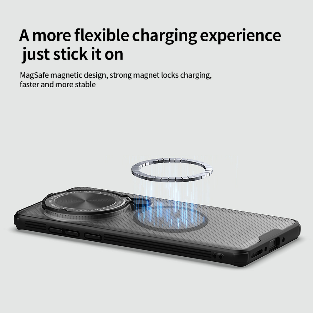 Чехол прозрачный тонированный (Transparent Black) от Nillkin с металлической крышкой и MagSafe на OnePlus 13, серия CamShield Prop Magnetic Case