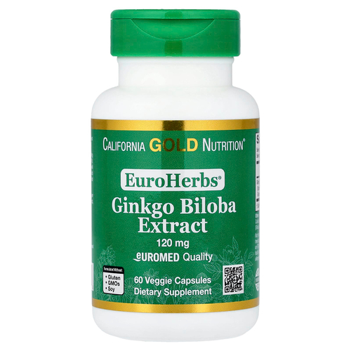California Gold Nutrition, EuroHerbs™, экстракт гинкго билоба, качество Euromed, 120 мг, 60 растительных капсул