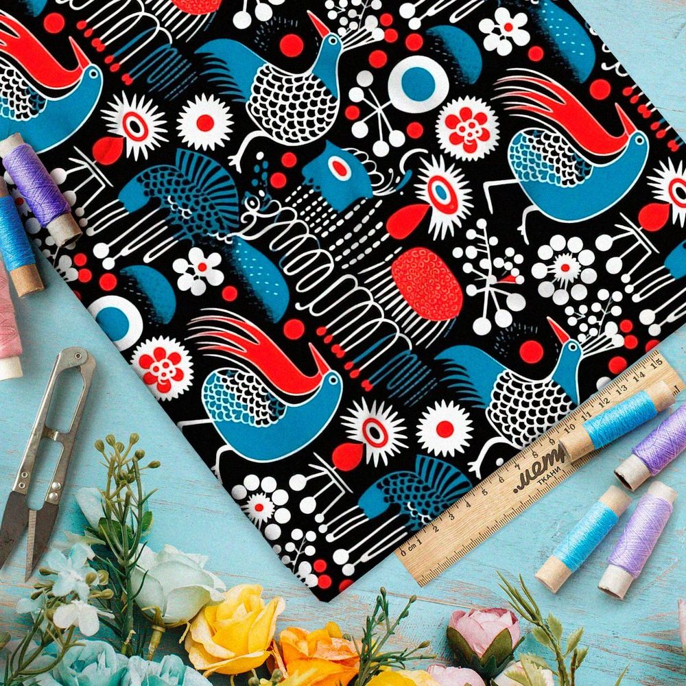 Ткань премиум шелк искусственный Армани былинные птицы