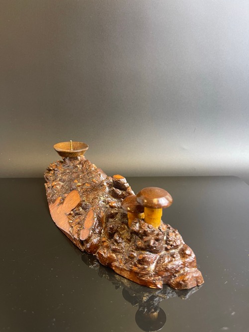Подсвечник из корня берёзового капа с грибочками. Ручная резьба СССР