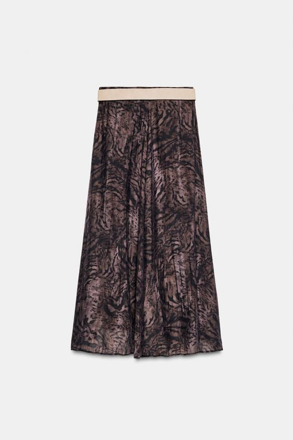 ZARA ЮБКА МИДИ С ПРИНТОМ И РЕМНЕМ, ТЕМНО-БАКЛАЖАНОВЫЙ