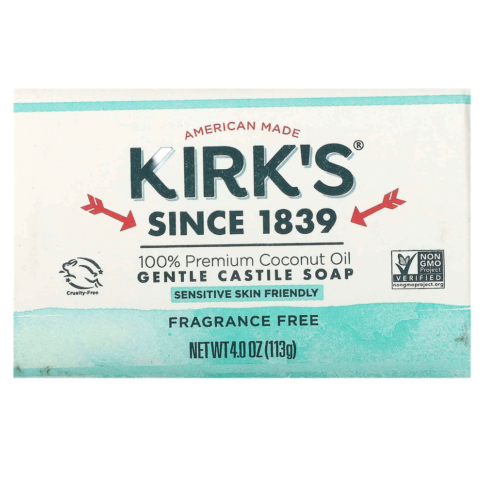 Kirk's, Нежное кастильское мыло с кокосовым маслом премиального качества, без отдушек, 113 г (4 унции)