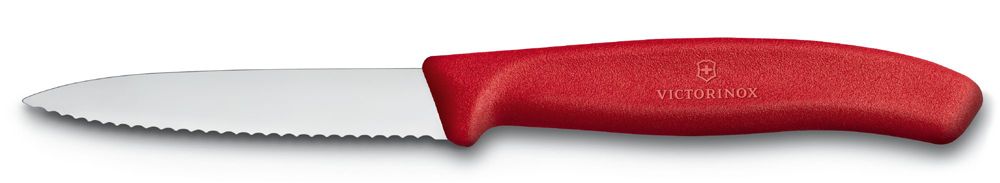Фото нож для овощей VICTORINOX SwissClassic стальное лезвие 8 см с волнистой заточкой и заострённым кончиком красная пластиковая рукоять с гарантией