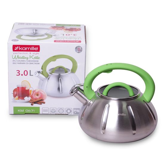 Чайник 3 л. из нержавеющей стали со свистком Kamille KM 0671 со стеклянной крышкой