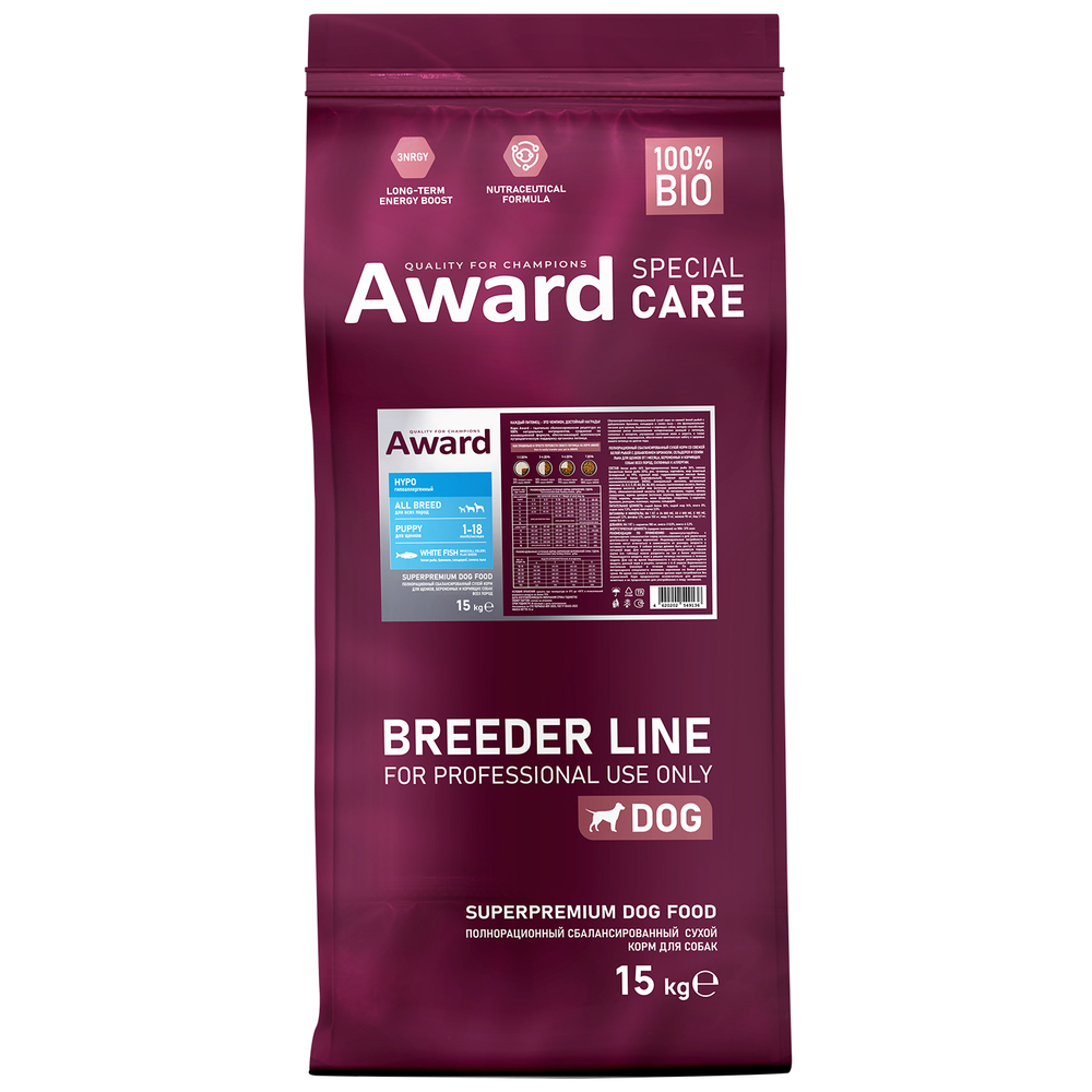 Сухой корм AWARD PFB SPECIAL CARE HYPO PUPPY со свежей белой рыбой для щенков от 1мес, беременных и кормящих собак всех пород,склонных к аллергии 15кг